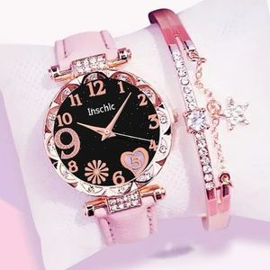 Women's Fashionable Round Dial Pointer Rhinestone Quartz Watch Set